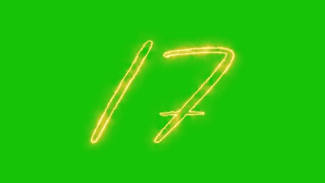 Glowing yellow gold Number 17 Animation | Neon Alphabet Typography Motion Graphic. neon text 17 number countdown icon alpha channel