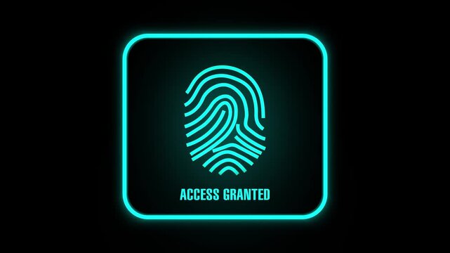 Fingerprint icon animation flashes access granted text on dark. Biometric authentication clears on fingerprint icon animation. Digital identity verification confirms on the icon animation.