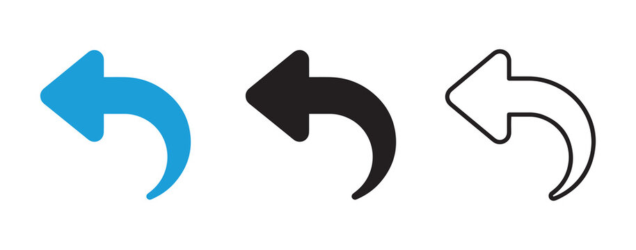 Set of three curved arrow icons representing undo or back action in blue solid black and outline stroke styles