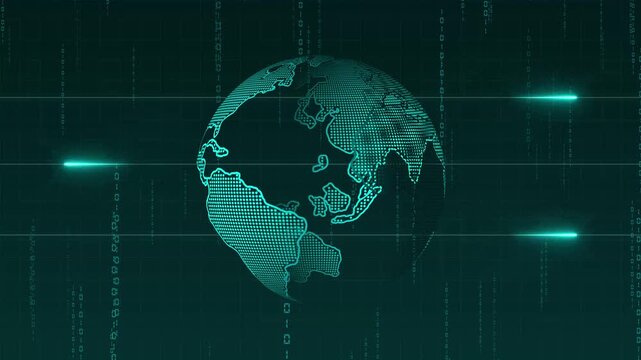 Earth globe animation rotates with binary code and light beams. Telecommunication data routes on the Earth globe animation. Global cyber networking telemetry drives this globe animation.
