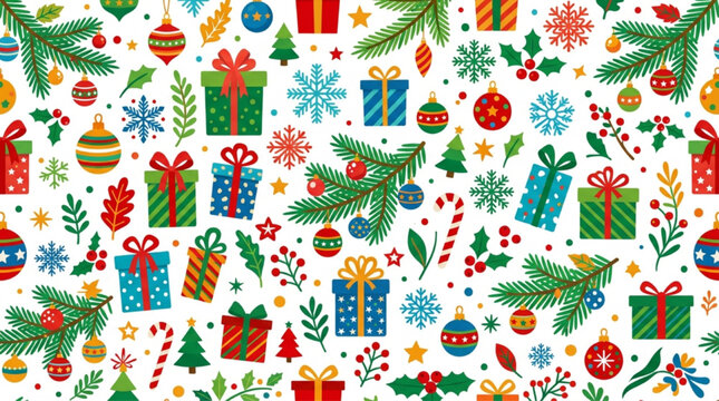 Festive holiday icon pattern with gifts and spruce branches
