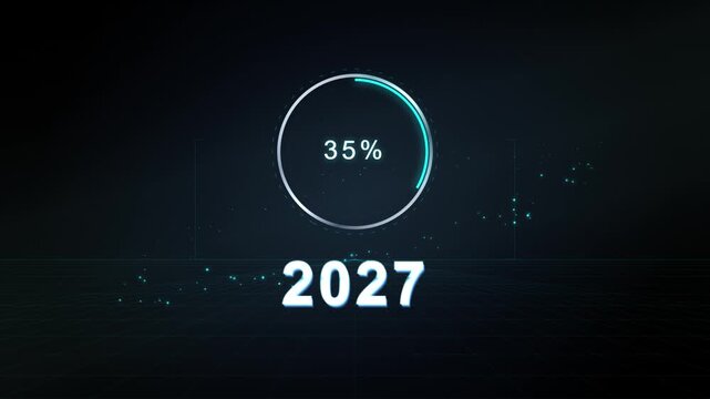 Futuristic digital loading progress bar with 2027 year counter animation for tech presentations and data processing concepts