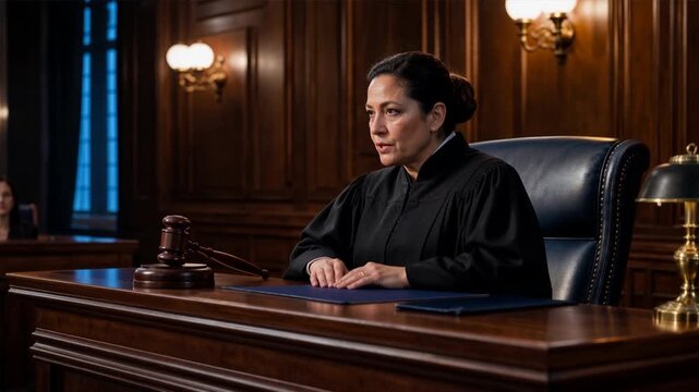 Professional judge working at desk in courtroom with justice authority elements