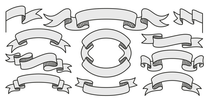 Vintage hand drawn ribbon banner scroll blank retro design element doodle sketch outline template sign label tape empty emblem badge insignia decoration graphic isolated illustration set