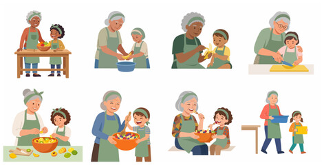 Fototapeta premium Vector illustration set of grandmother and granddaughter cooking and preparing healthy food together in the kitchen.