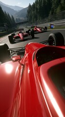 Fototapeta premium Red Formula One Cars Racing on a Mountain Track