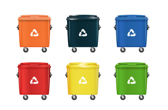 Sorted recycling containers set with yellow, blue, and red bins. Vector illustration of trash separation system for plastic bottles, cardboard boxes, and glass disposal concept