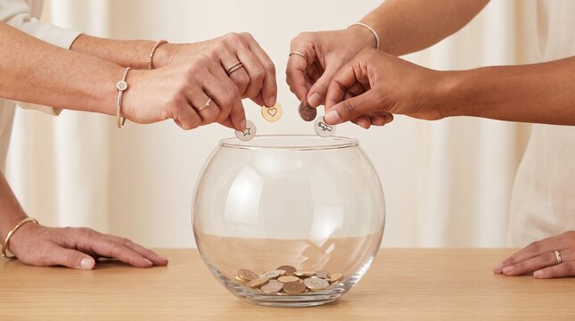 Diverse hands dropping symbolic coins into a glass bowl representing savings and investment