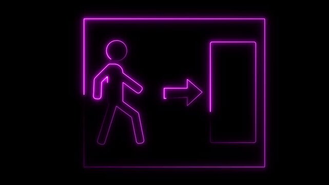 Exit sign animation glows with a walking person icon and arrow. Building evacuation routes guide the exit sign animation. Emergency safety wayfinding systems use the exit sign animation.