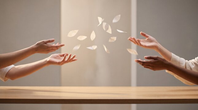 Two diverse hands reaching out with light petals falling between them in a gentle gesture of connection and hope