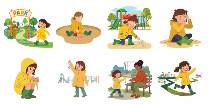 Cartoon character set of a little girl in yellow raincoat playing at the park, finding and returning a lost item