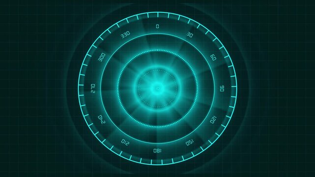 Circular HUD display animation rotates with rings on black. Radar telemetry coordinates guide circular HUD display animation. Cyber surveillance systems monitor on the HUD display animation.