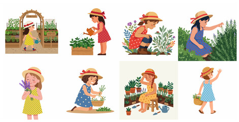 Fototapeta premium Flat Vector Illustration Set of a Little Girl in a Straw Hat Gardening, Watering, and Harvesting Herbs in a Community Garden