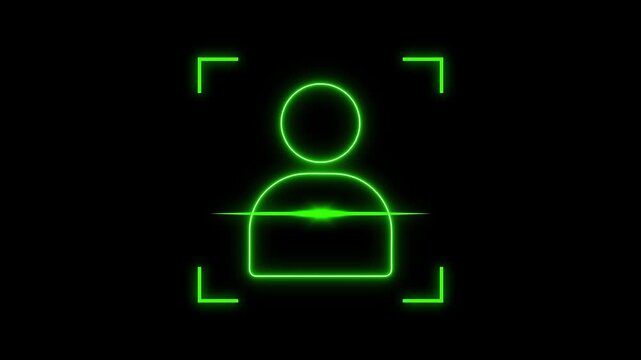 Person icon animation pulses within a digital scanner frame. Identity authentication clears through this person icon animation. Facial recognition telemetry coordinates use the icon animation.