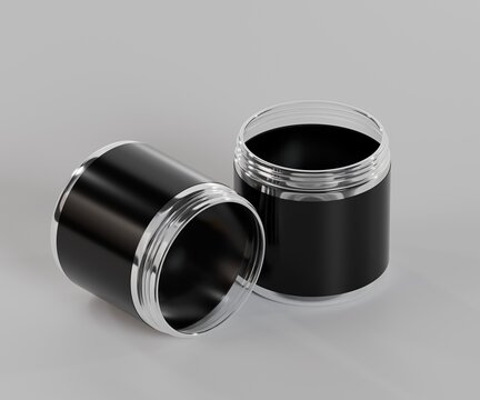 3d tub containers with black labels, jar container mockups, white background