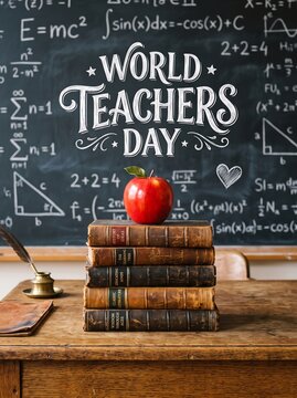 World teachers day celebration with a red apple on a stack of old vintage books
