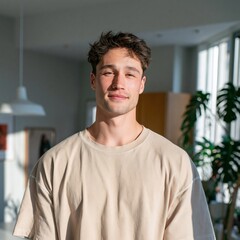 Fototapeta premium Young man smiling in natural light indoor portrait with houseplants and warm sunlight for profile background and lifestyle use