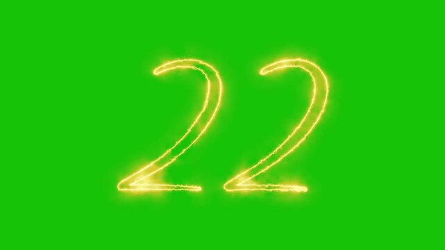 Glowing yellow gold Number 22 Animation | Neon Alphabet Typography Motion Graphic. neon text 22 number countdown icon alpha channel
