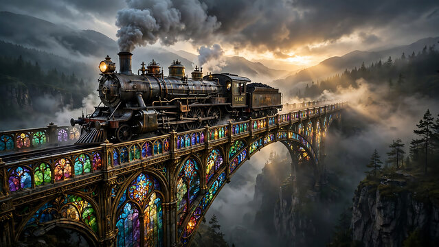 Vintage steam locomotive crossing ornate stained glass gothic arch bridge in misty mountain valley at dusk