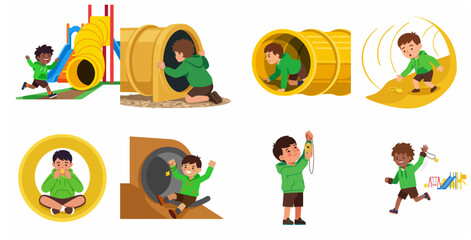 Fototapeta premium Set of cute little boys playing on playground equipment, crawling through tunnels, sliding down, and discovering a golden necklace. Cartoon vector illustrations for kids stories and education.
