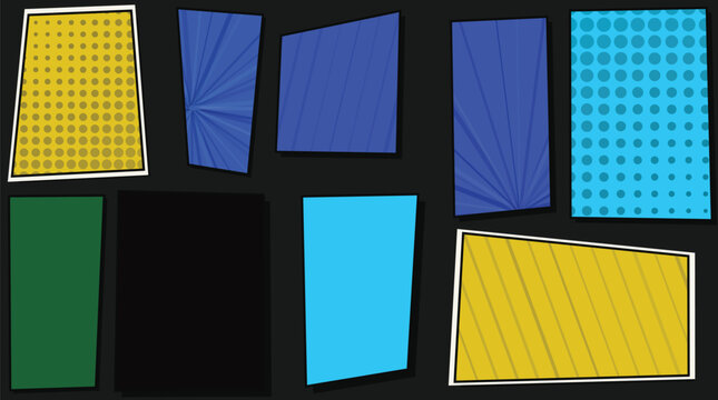 Comic Panel Backgrounds Set with Halftone Patterns, Radial Lines, and Geometric Shapes
