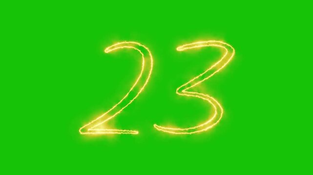 Glowing yellow gold Number 23 Animation | Neon Alphabet Typography Motion Graphic. neon text 23 number countdown icon alpha channel