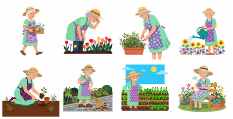 Fototapeta premium Vector illustration set of an elderly woman gardening and performing various backyard maintenance tasks