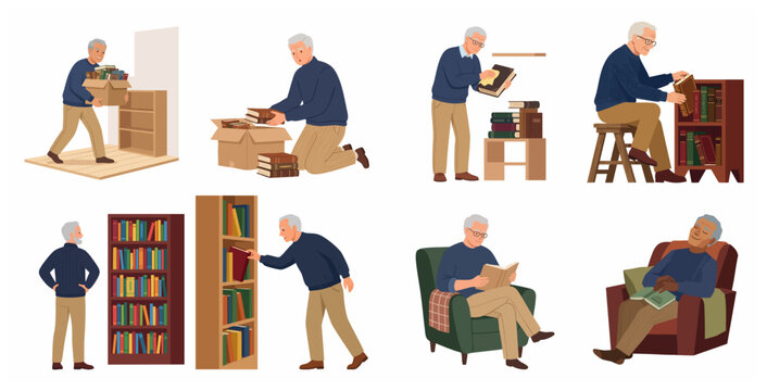 Senior Man Organizing Personal Library and Enjoying Reading Books Illustration Set