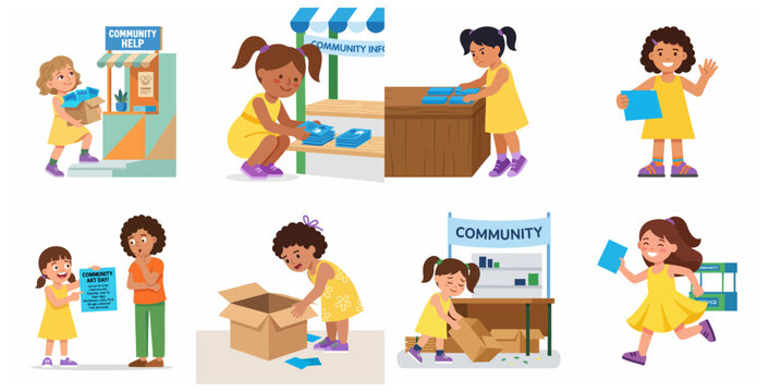 Set of diverse children volunteering and helping in their community with flyers and donation booths in flat vector illustration style.