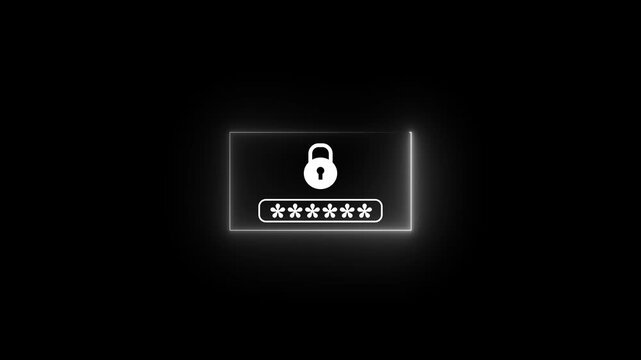 White Neon Password Security Icon with Glowing Lock and Password Field, Cuber security Logan Symbol on Black Background.