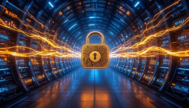secure data center server tunnel with golden padlock glowing for ransomware security encryption concept