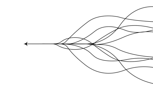 Black Flowing Lines with Left Pointing Arrow, Dynamic Motion Direction and Convergence Design on white Background.