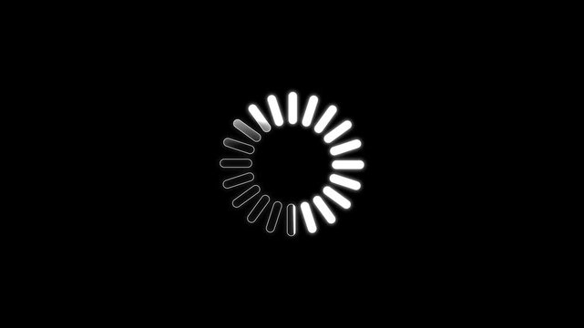 Loading spinner animation rotates with white segments. Software buffering status updates on loading spinner animation. Digital user waiting progress runs on this spinner animation.