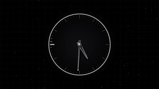 Minimalist analog clock face spinning fast motion time lapse on dark grid background