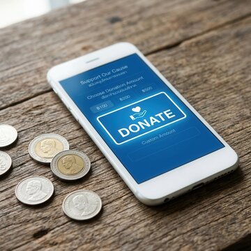 Mobile Donation App Showing Donate Button With Coins On Rustic Table