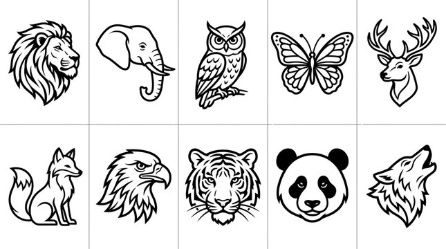 Minimalist animal line art icons, set of 10 black and white wildlife illustrations, modern nature logo elements for branding and design