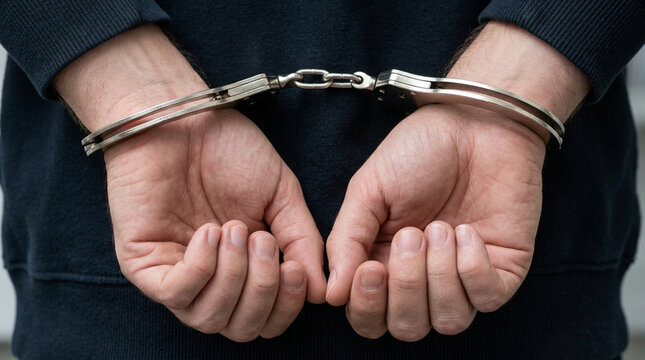 Person's hands cuffed behind back, close-up on handcuffs and wrists.