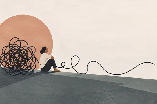 Woman sits with hands over her ears amid tangled black lines. Abstract peach background shows mental distress and sensory overload. Concept art supports anxiety and panic awareness