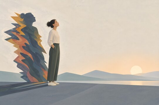An anxious woman stands beneath a looming abstract shadow. Layered shapes create tension around her. Illustration for panic attack awareness and mental health support.