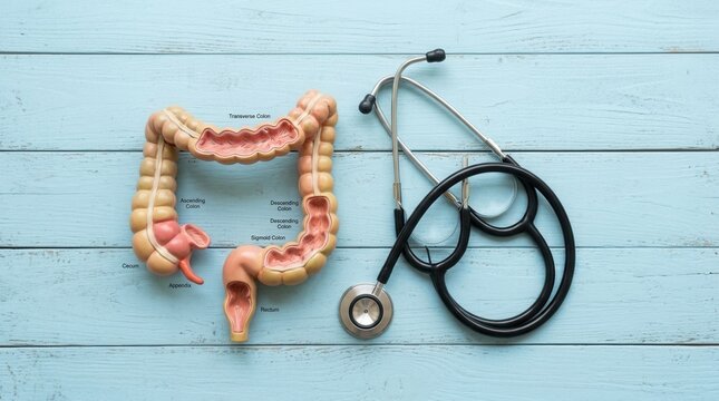 Medical Model Of The Human Colon With A Stethoscope On A Blue Wooden Background