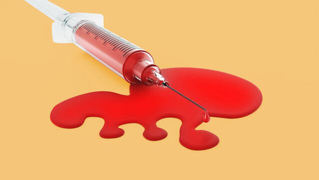 Blood and syringe isolated on yellow background. 3D illustration