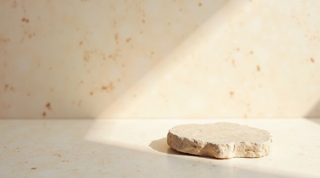 Escena de superficies minimalistas con una textura prominente de piedra beige, iluminada por luz diurna suave y difusa