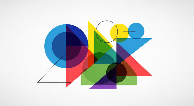 Abstract geometric shapes composition with colorful overlapping layers on white background