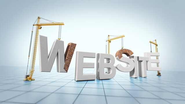 Yellow construction cranes delivering website word letters. 3D illustration