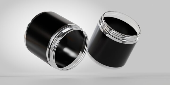 3d tub containers with black labels, jar container mockups, white background