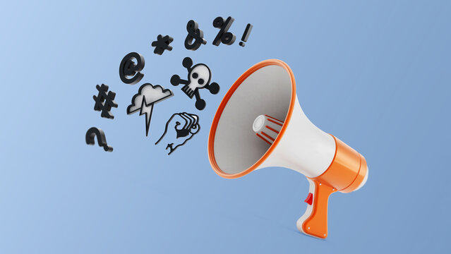 Megaphone with swearing symbols isolated on blue background. 3D illustration