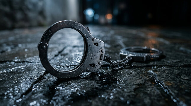 Handcuffs on wet ground, crime, justice, arrest, law, security concept