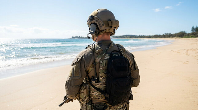 Soldier on beach patrol with rifle, looking out at the ocean under a clear blue sky