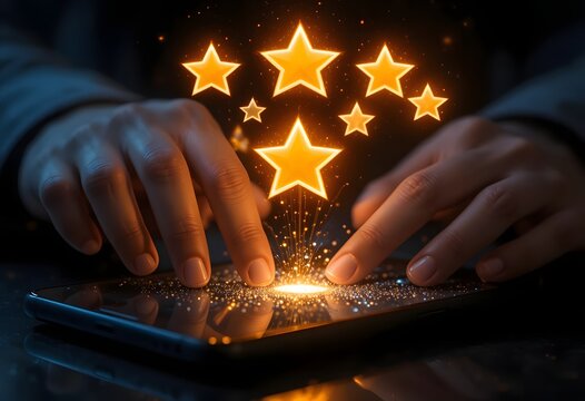 user hands touching smartphone device screen leaving five star highest rating commercial review customer satisfaction marketing
