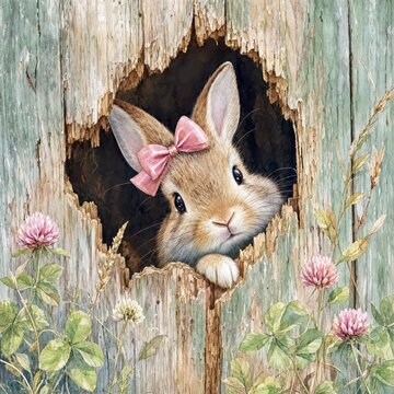 A cute bunny wearing a pink satin bow curiously peeks through a hole in a rustic wooden fence, surrounded by lush clovers and charming textures